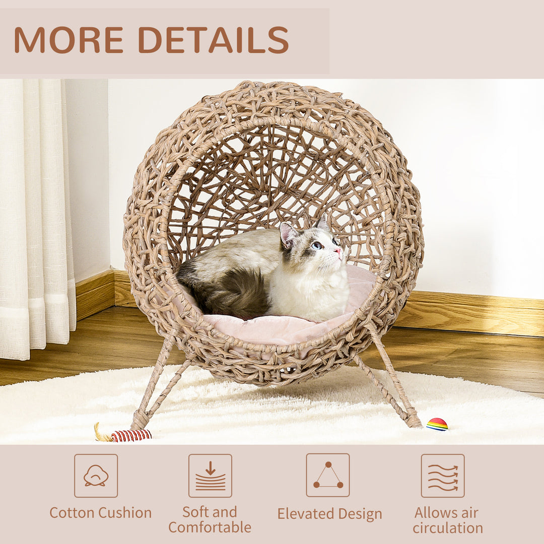 Wicker Cat Bed, Ball-Shaped Rattan Elevated Cat Basket with Three Tripod Legs, Cushion, Natural Wood Finish