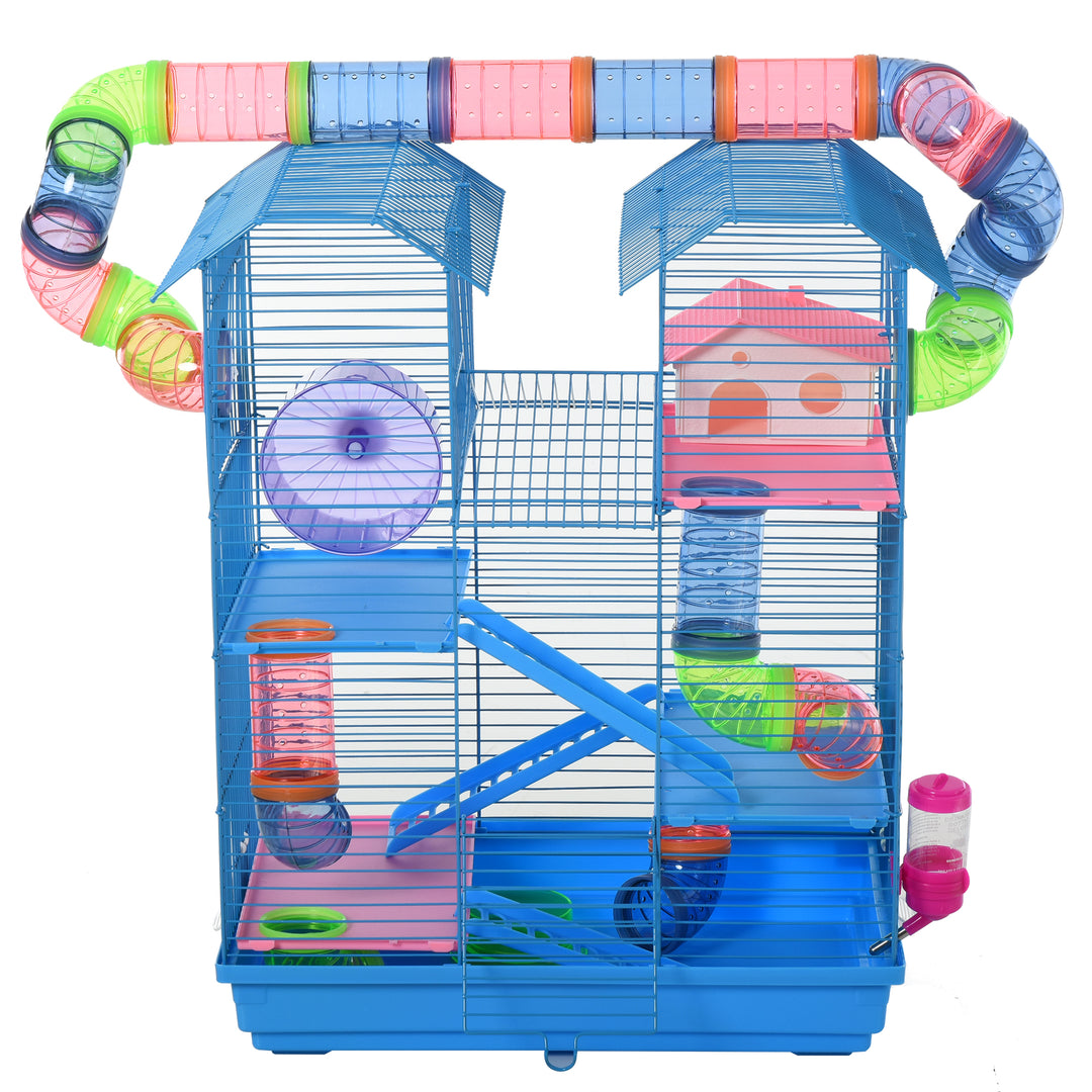 PawHut 5 Tier Hamster Cage Carrier Habitat with Exercise Wheels Tunnel Tube Water Bottle Dishes House Ladder for Dwarf Mice, Blue