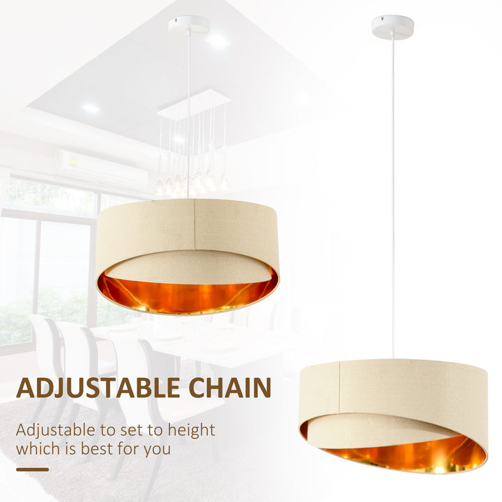 Modern Pendant Light with Adjustable Hanging Chain and Two Bevel Nested Lampshade, Metal Chandelier for Living Room, Bedroom, Beige and Gold