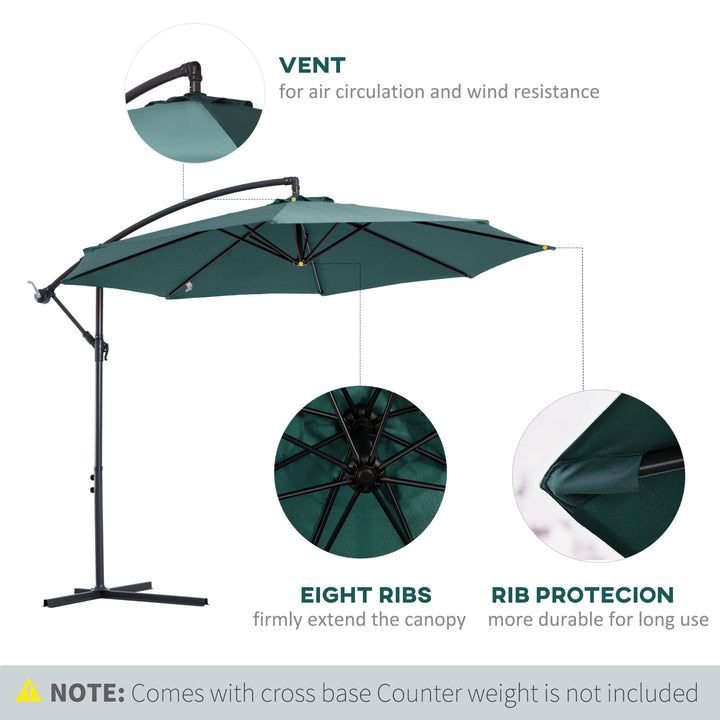 Outsunny 3(m) Banana Parasol Hanging Cantilever Umbrella with Crank Handle, 8 Ribs and Cross Base for Outdoor, Sun Shade, Dark Green
