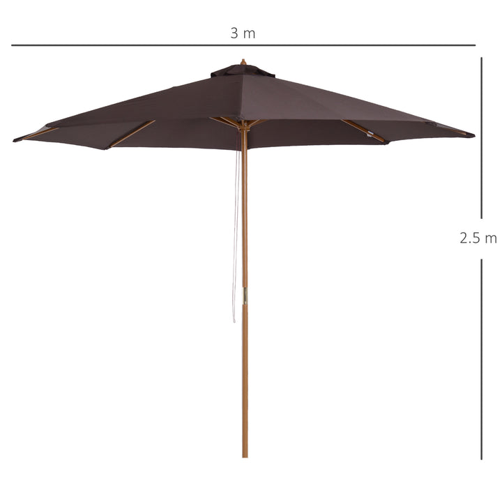 Outsunny ⌀3m Bamboo Wooden Market Patio Umbrella Garden Parasol Outdoor Sunshade Canopy, 8-ribs,Coffee