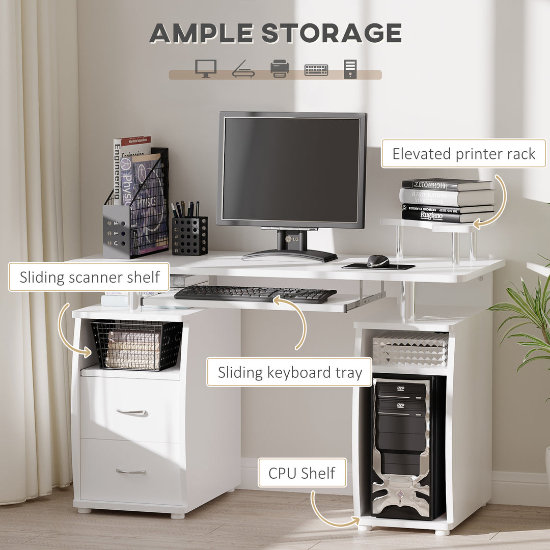 Computer Desk Office PC Table Workstation Gaming Study with Keyboard Tray, CPU Shelf, Wooden, Drawers, Sliding Scanner Shelf, White