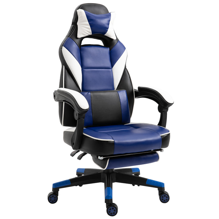 Vinsetto Cool &amp; Stylish Gaming Chair Ergonomic Recliner w/ Thick Padding Footrest Neck &amp; Back Pillow 5 Wheels Racing Swivel Height Adjustable Blue