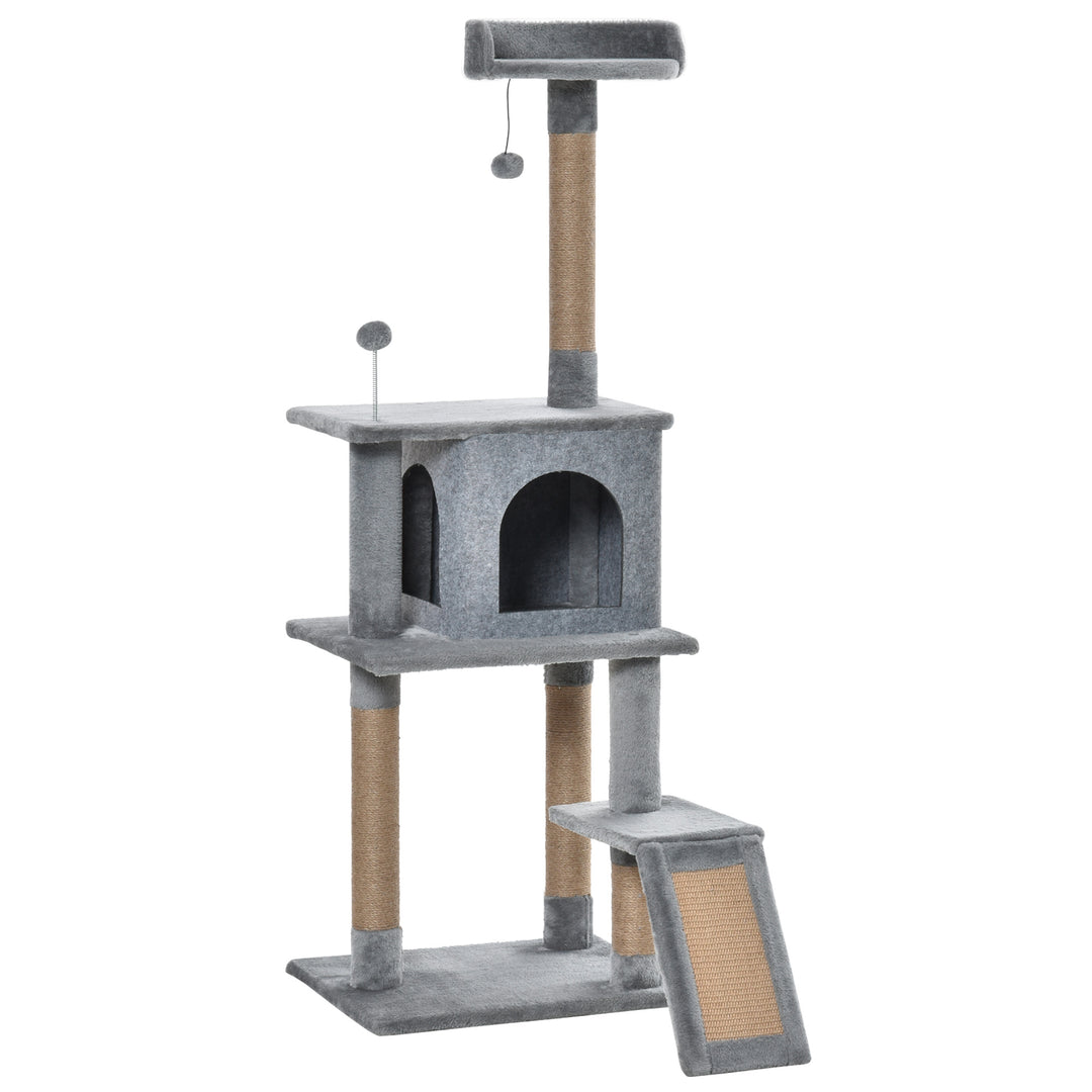 PawHut Cat Tree Tower 142cm Climbing Kitten Activity Center with Jute Scratching Post  Board Perch Roomy Condo Removable Felt Hanging Toy, Grey