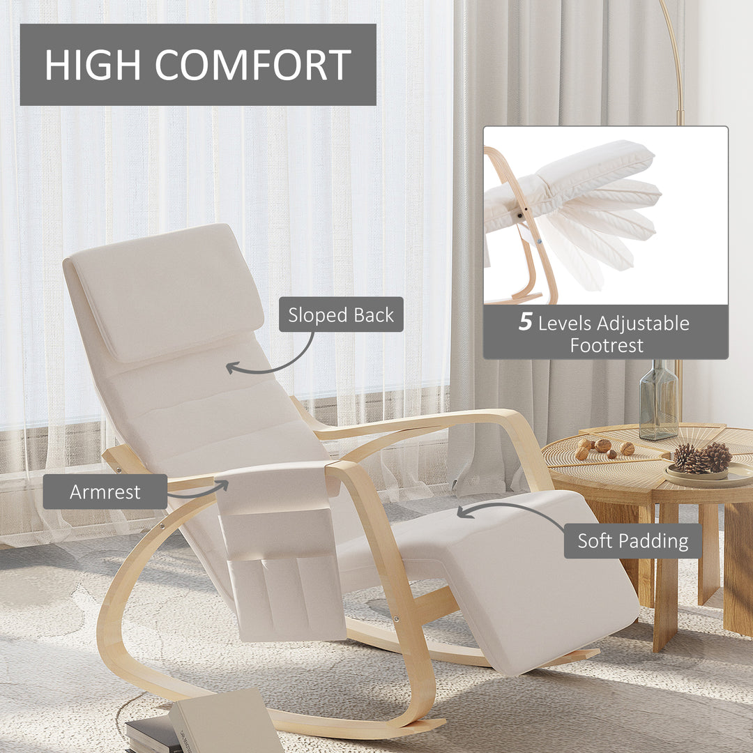 Rocking Lounge Chair Recliner Relaxation Lounging Relaxing Seat with Adjustable Footrest, Side Pocket and Pillow, Cream White