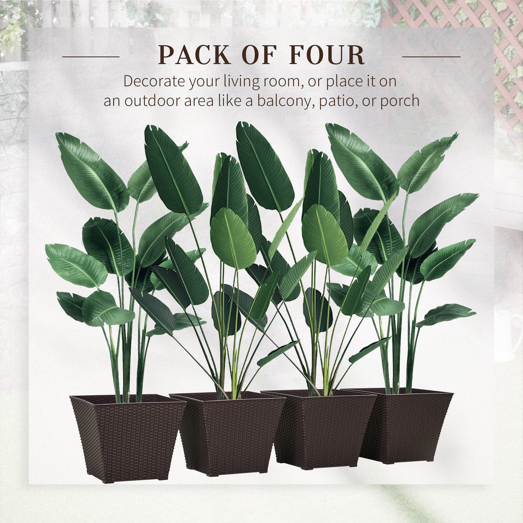 Outdoor Planter Pack of 4, Rattan Effect Plant Pots Indoor Stackable Design, for Garden Patio Porch Deck, Brown