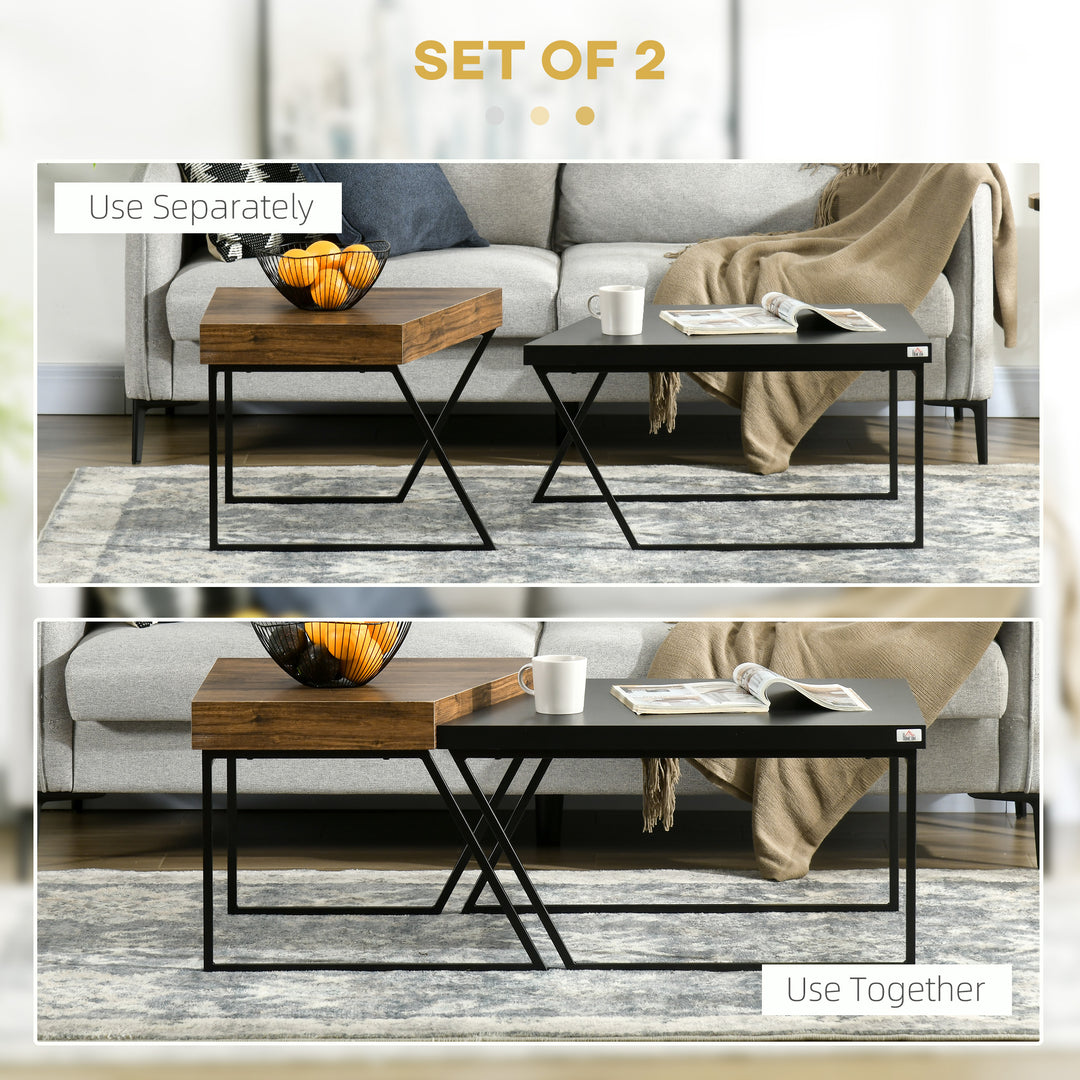 Coffee Table Set of 2, Geometric Coffee Table with Spacious Legroom, Steel Frame and Thick Tabletop, Industrial Coffee Tables