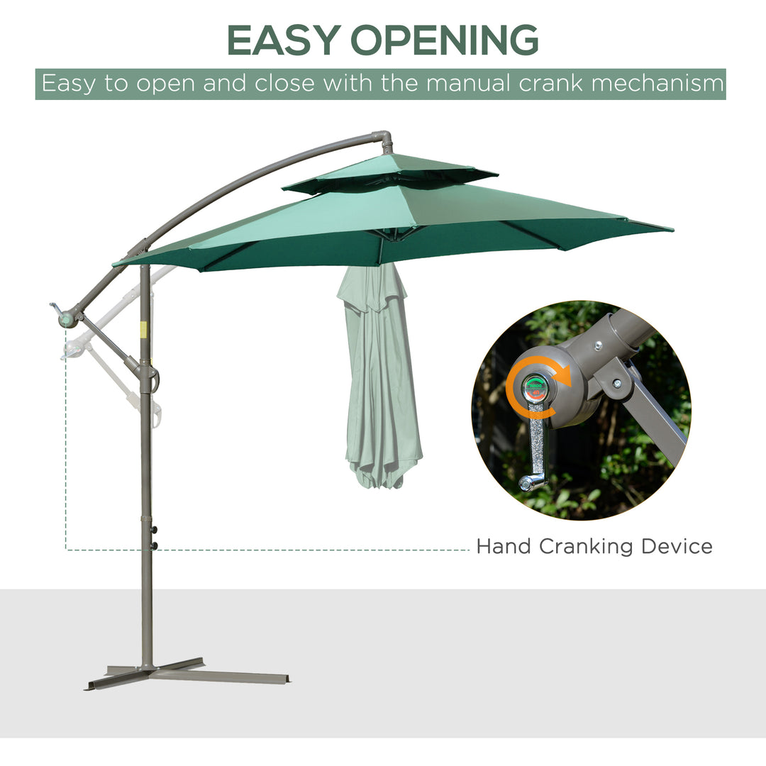 Outsunny 2.7m Banana Parasol Cantilever Umbrella with Crank Handle , Double Tier Canopy and Cross Base for Outdoor, Hanging Sun Shade, Green