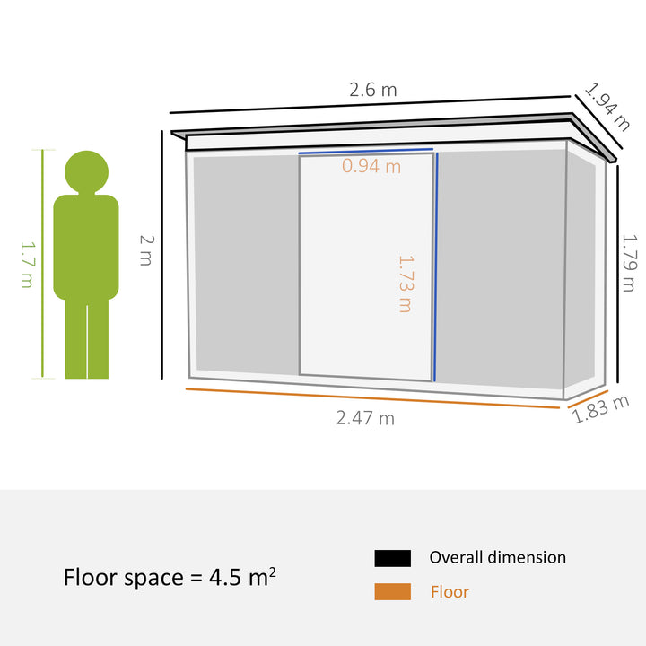 Outsunny Pent Roofed Metal Garden Shed House Hut Gardening Tool Storage w/ Ventilation 260L x 194W x 200H cm