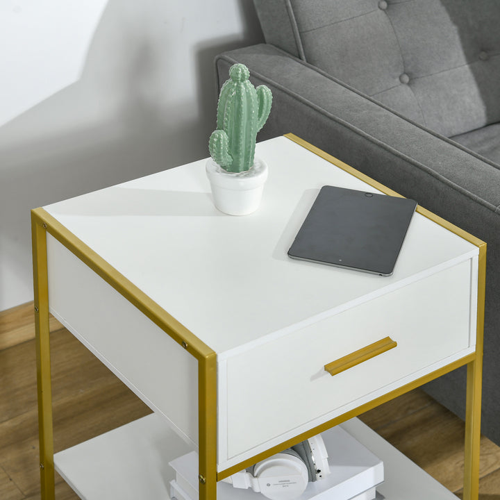 Modern Bedside Table, Bedside Cabinet with Drawer Shelf, Storage Organizer for Bedroom, Living Room, White and Gold