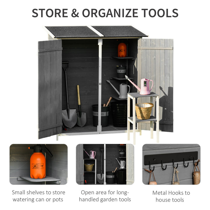 Outsunny Garden Wood Storage Shed w/ Storage Table, Hooks and Ground Nails Multifunction Lockable Sheds Tool Organizer, 139 x 75 x 160cm, Grey