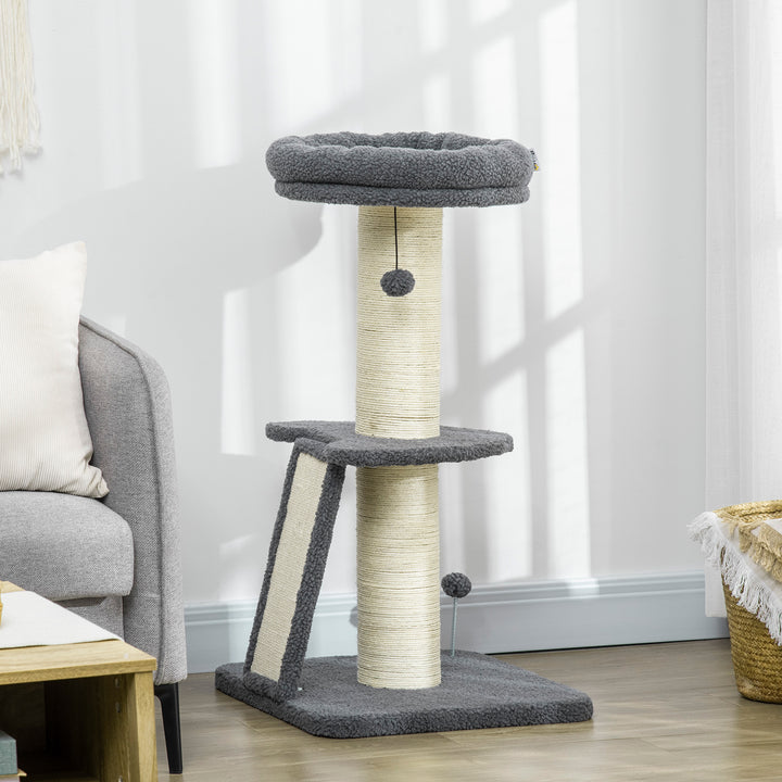 PawHut Cat Tree Cat Tower with Cat Scratching Posts, Pad, Bed, Toy Ball for Cats under 6 Kg, Dark Grey & Beige