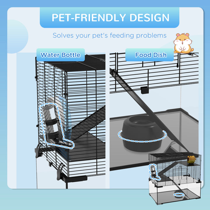 3 Tiers Hamster Cage, Gerbil Cage with Deep Glass Bottom, Non-Slip Ramps, Platforms, Hut Exercise Wheels Water Bottle for Syrian Dwarf Hamster