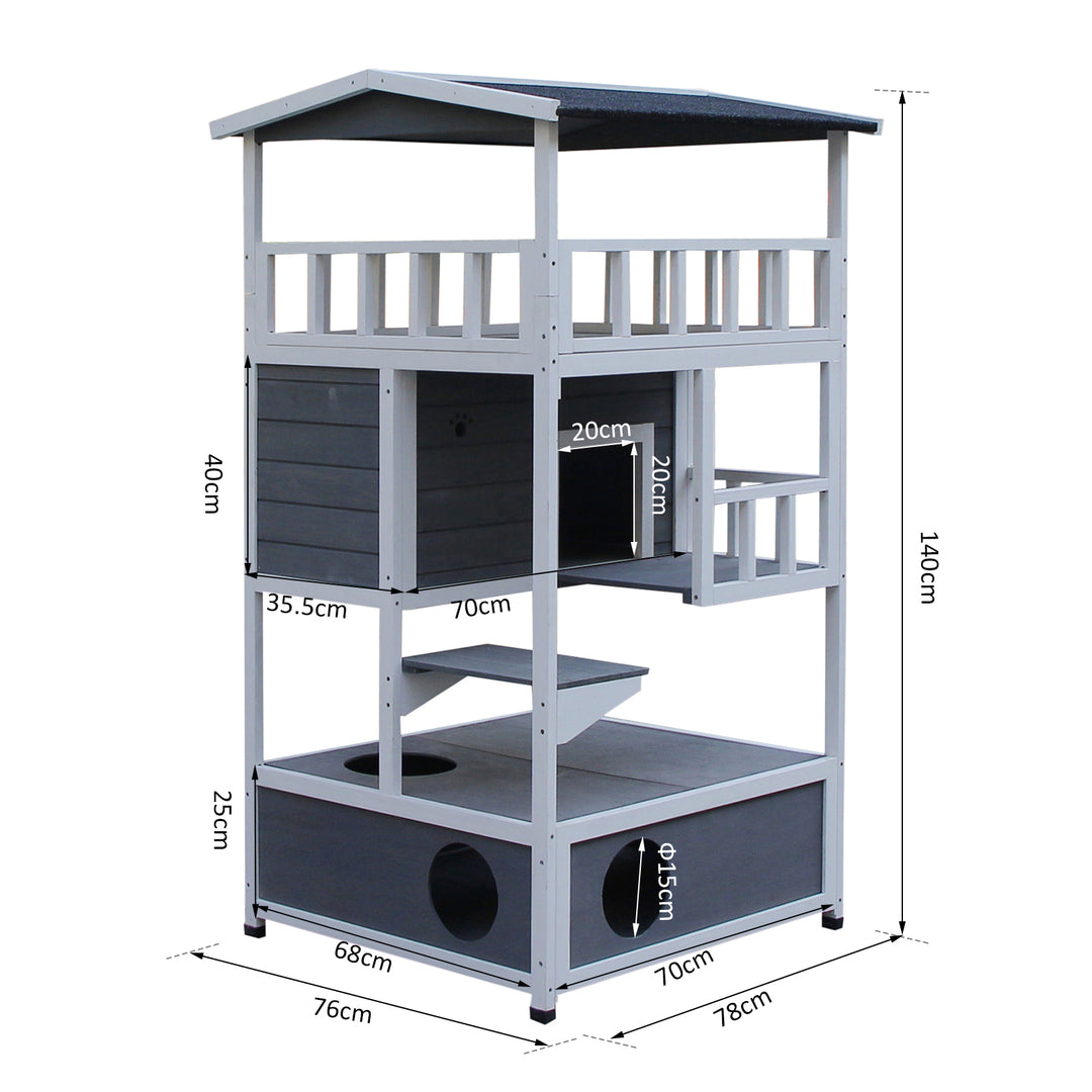 PawHut Cats Fir Wood 3-Tier Waterproof Play House Grey