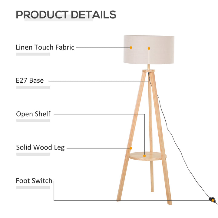 Free Standing Floor Lamp,  50Lx50Wx154H cm-Beige/Natural Wood Colour