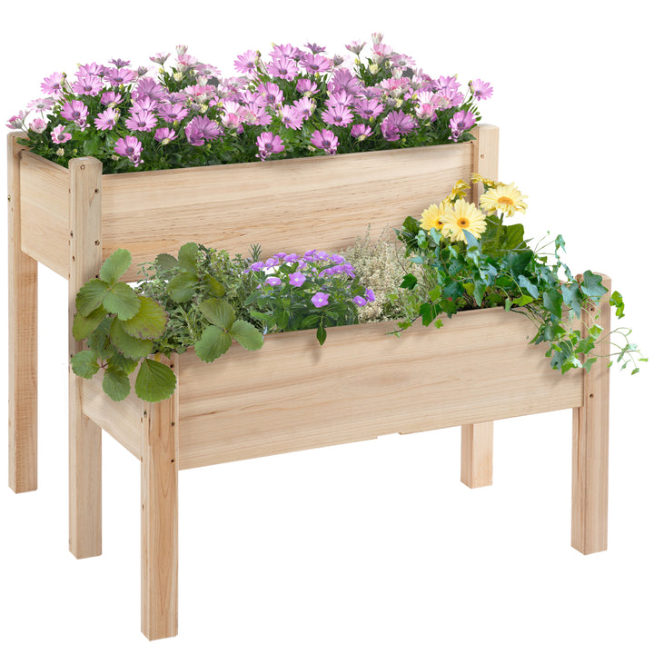 2-Piece Solid Fir Wood Plant Raised Bed Garden Flower Vegetable Herb Grow Box 86L x 85W x 72H cm Natural Wood Color