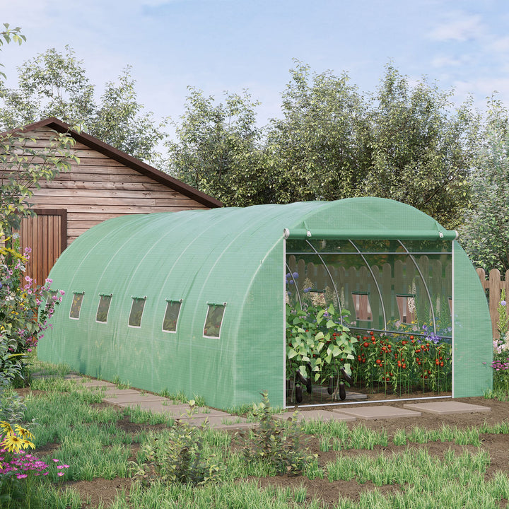 6 x 3 x 2 m Large Walk-In Greenhouse Garden Polytunnel Greenhouse with Steel Frame, Zippered Door and Roll Up Windows, Green