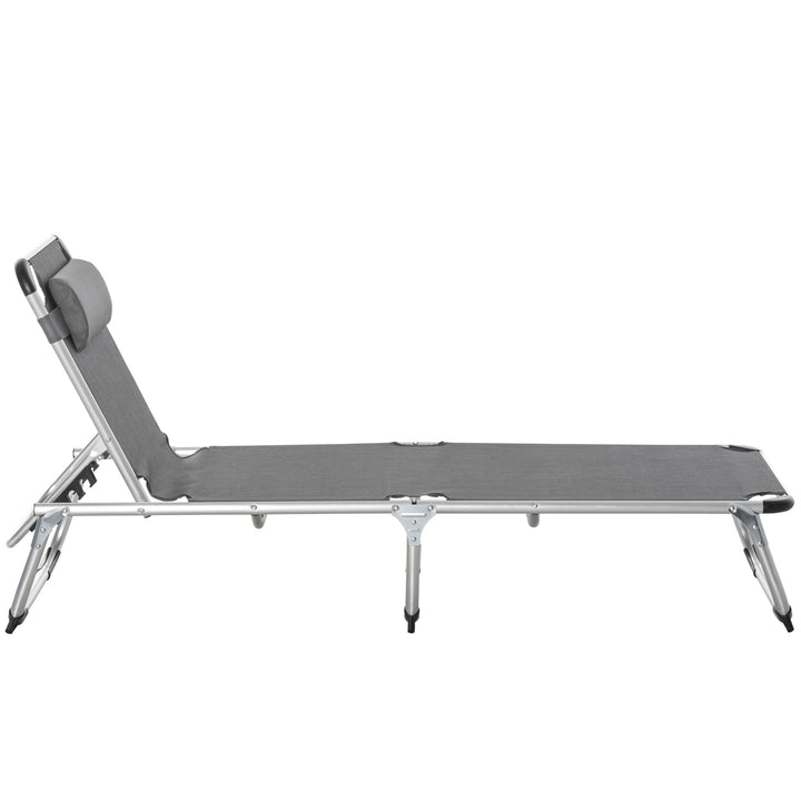 Foldable Garden Lounger Camping Bed Cot w/ Pillow 5-Level Adjustable Back Aluminium Frame, 76H x 170L x 60W Grey