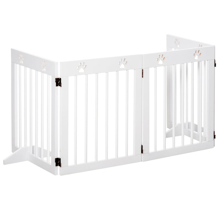 PawHut Pet Gate 4 Panel Folding Wooden Dog Barrier Freestanding Dog Gate For Stairs w/ Support Feet