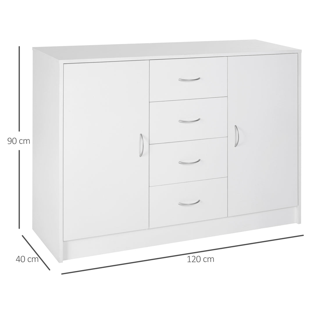 Sideboard, Storage Cabinet with 2 Doors and 4 Drawers, Free Standing Cupboard, Chest Organizer for Kitchen and Living Room, White