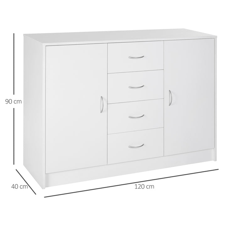 Sideboard, Storage Cabinet with 2 Doors and 4 Drawers, Free Standing Cupboard, Chest Organizer for Kitchen and Living Room, White