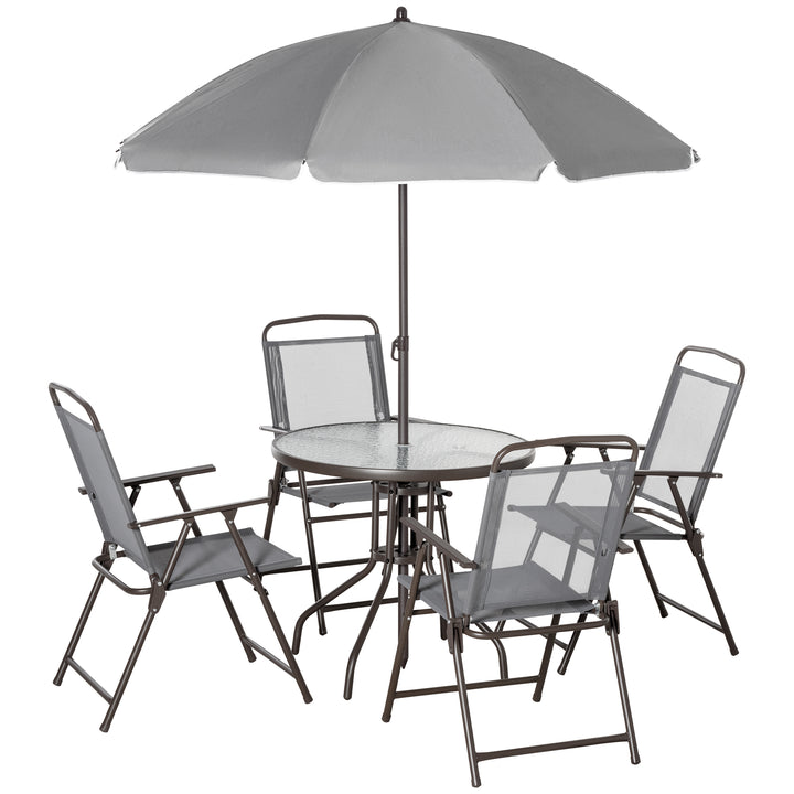 6 Piece Patio Dining Set with Umbrella, 4 Folding Dining Chairs & Round Tempered Glass Table for Garden, Backyard and Poolside, Grey