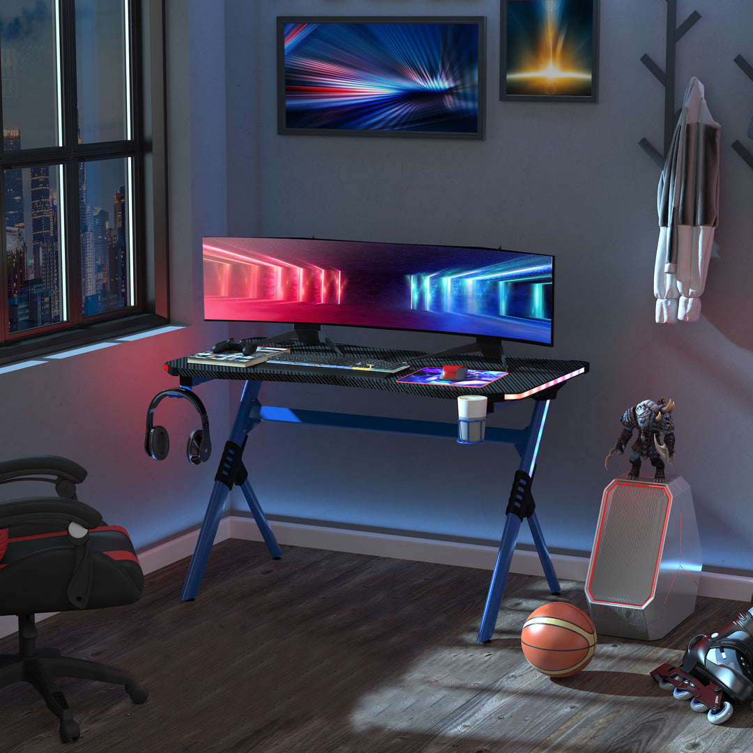 Gaming Desk with RGB LED Lights Racing Style Gaming Table with Cup Holder, Cable Management, Blue