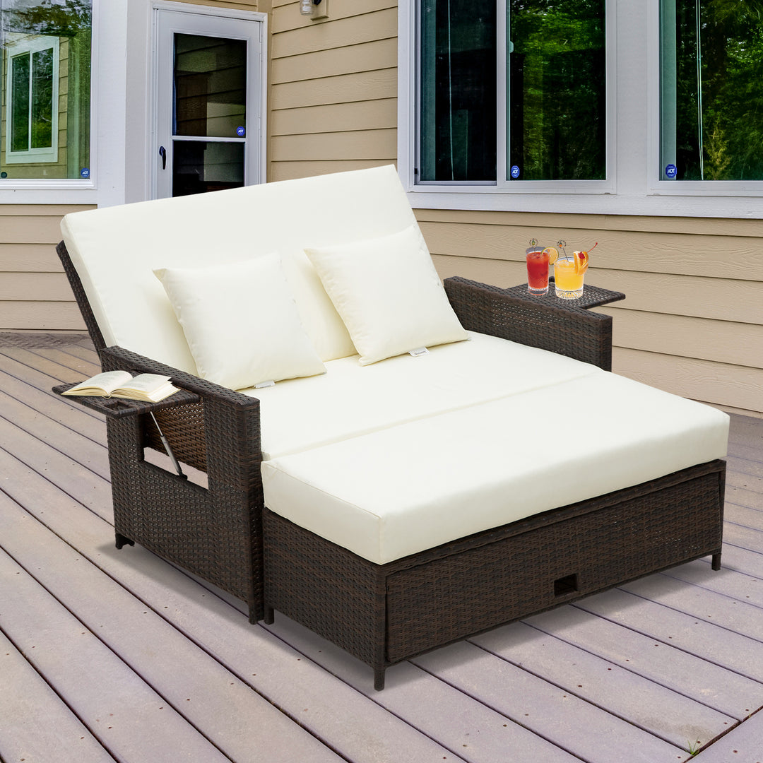 2 Seater Assembled Garden Patio Outdoor Rattan Furniture Sofa Sun Lounger Daybed with Fire Retardant Sponge - Brown