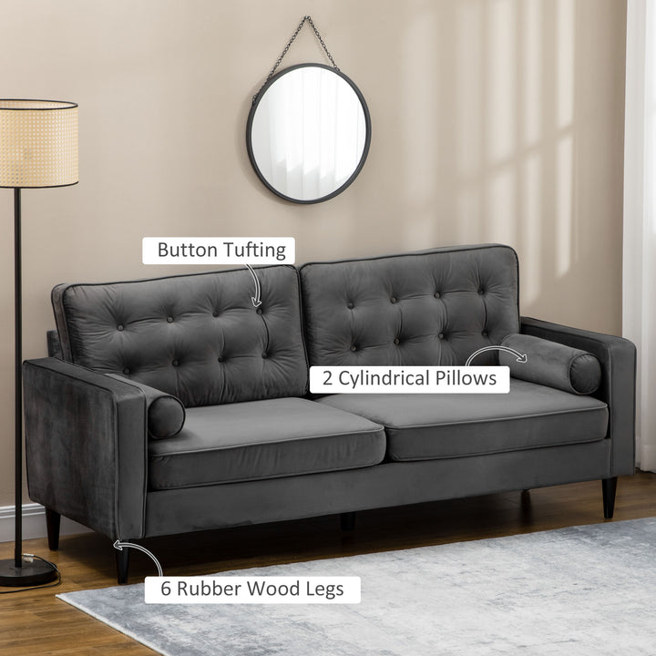 HOMCOM 3-Seater Sofa, 204 cm Sofa Couch with Button-Tufted Back Cushion, 2 Pillows and Rubber Wood Legs for Living Room, Grey