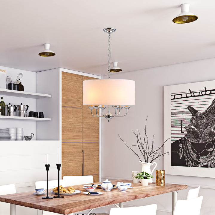 Modern Chandelier Candle Pendant Light Fabric Lampshades with Adjustable Hanging Chain for Living Room, Dining Room, Kitchen, White
