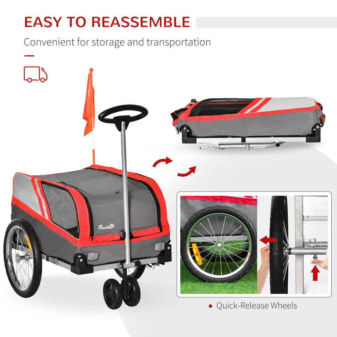 PawHut Dog Bike Trailer Two-In-One Trolley Stroller Cart Bicycle Carrier for Cat Puppy Travel w/ Reflectors Red Flag – Red