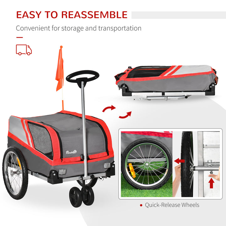 PawHut Dog Bike Trailer Two-In-One Trolley Stroller Cart Bicycle Carrier for Cat Puppy Travel w/ Reflectors Red Flag – Red