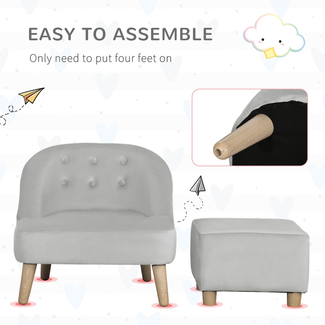 Toddler Chair, 2pcs Kids Sofa Set, Sofa &amp; Ottoman for Bedroom, Playroom, Boys and Girls, 3-5 years old, Grey