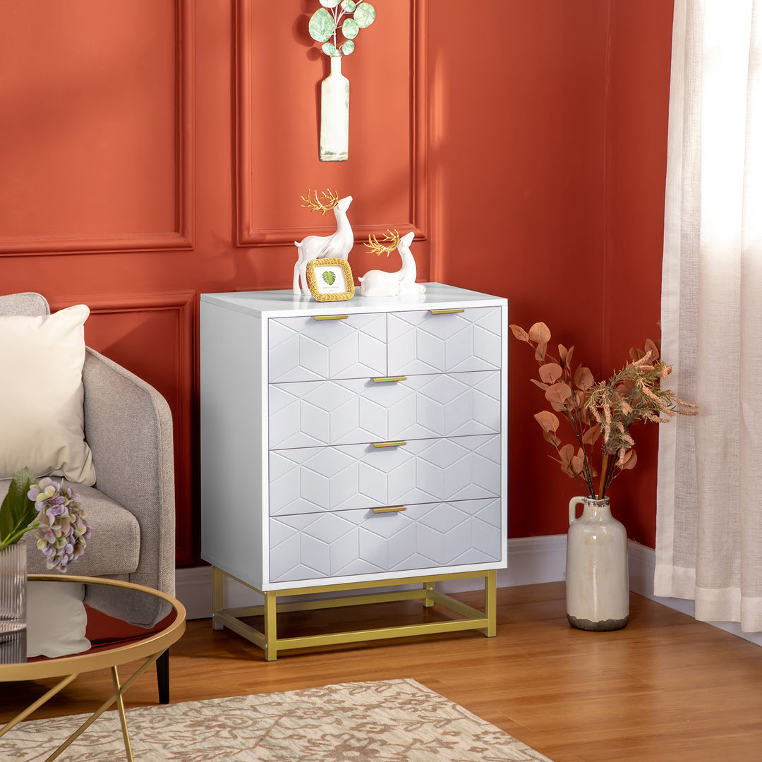 Modern Chest of Drawers, 5-Drawer Storage Organizer Unit with Golden Effect Steel Base for Bedroom, Living Room, Natural, White