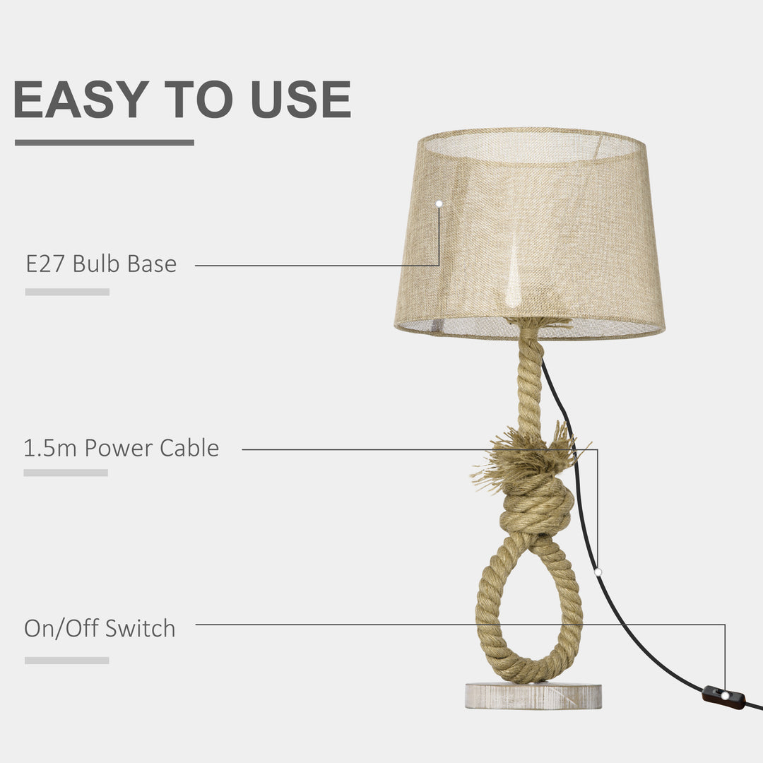 HOMCOM Nautical Table Lamp, Farmhouse Bedside Lamp with Knotted Rope and Fabric Lampshade for Bedroom, Study, Living Room, Beige