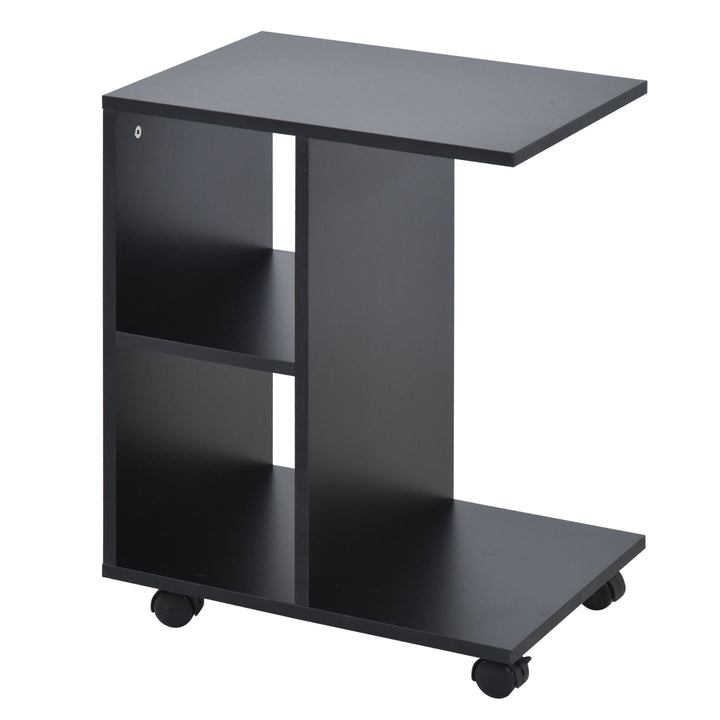 C-Shape End Table Unique Storage Unit w/ 2 Shelves 4 Wheels Freestanding Home Office Furniture Cabinet Square Studio Black