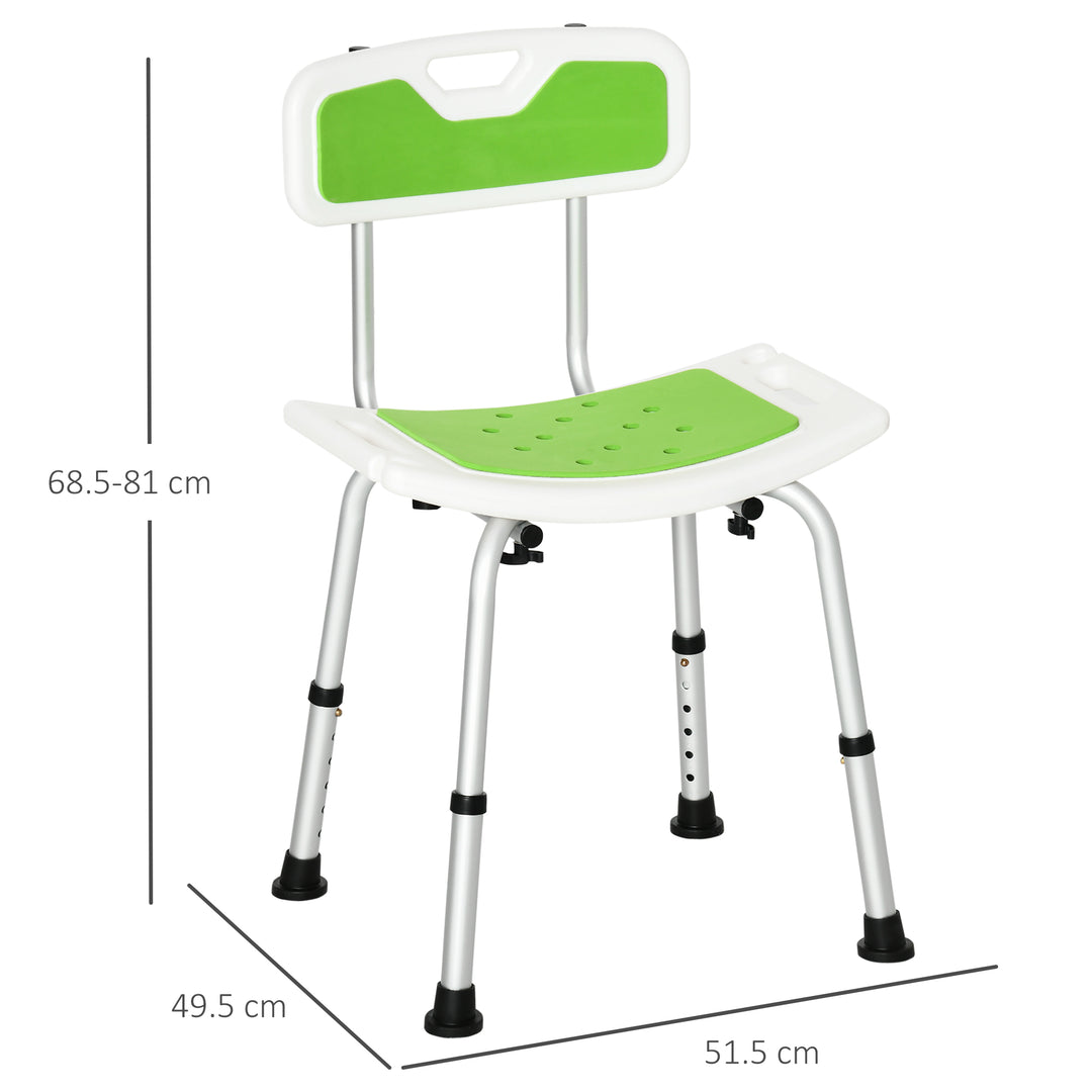 Shower Chair for the Elderly and Disabled, 6-Level Height Adjustable Shower Stool with Backrest, Curved Seat, Anti-slip Foot Pads, Green