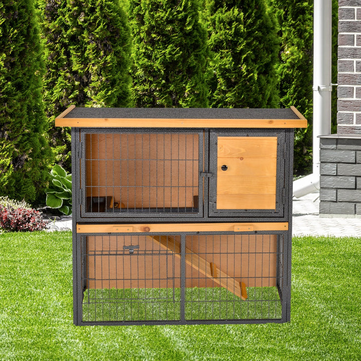 PawHut Wood-metal Guinea Pigs Hutches Elevated Pet House Bunny Cage with Slide-Out Tray Asphalt Openable Roof Lockable Door Outdoor