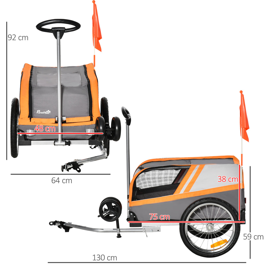 Dog Bike Trailer Two-In-One Trolley Stroller Cart Bicycle Carrier for Cat Puppy Travel w/ Reflectors Red Flag - Orange