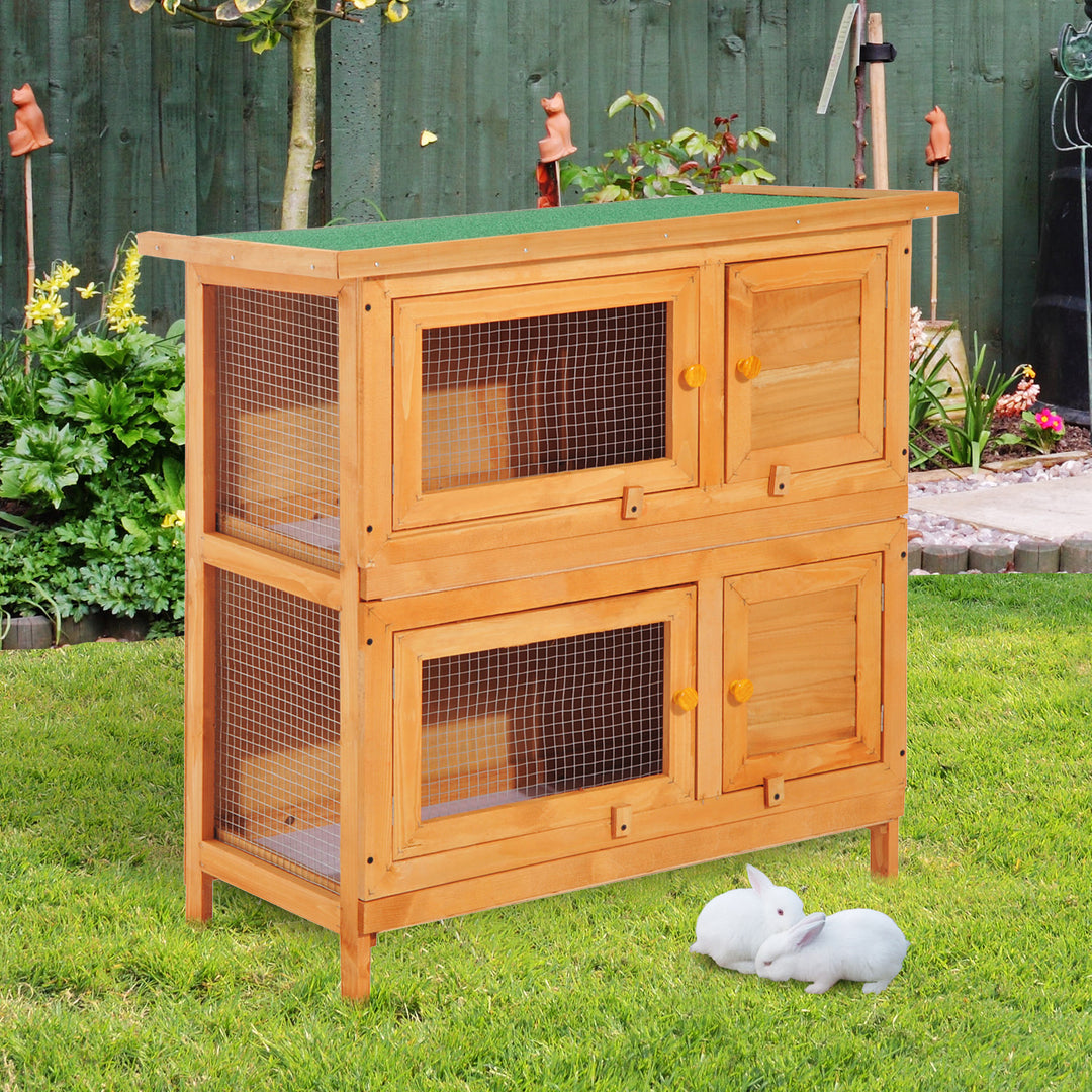 Pawhut Wooden Rabbit Hutch 2 Tiers Bunny House Rabbit Cage w/ Slide-Out Tray and Hinged Opening Roof Small Animal House for Indoor