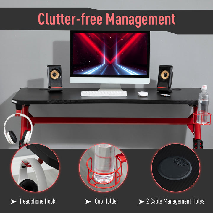 Gaming Desk with RGB LED Lights Racing Style Gaming Table with Cup Holder, Cable Management, Red