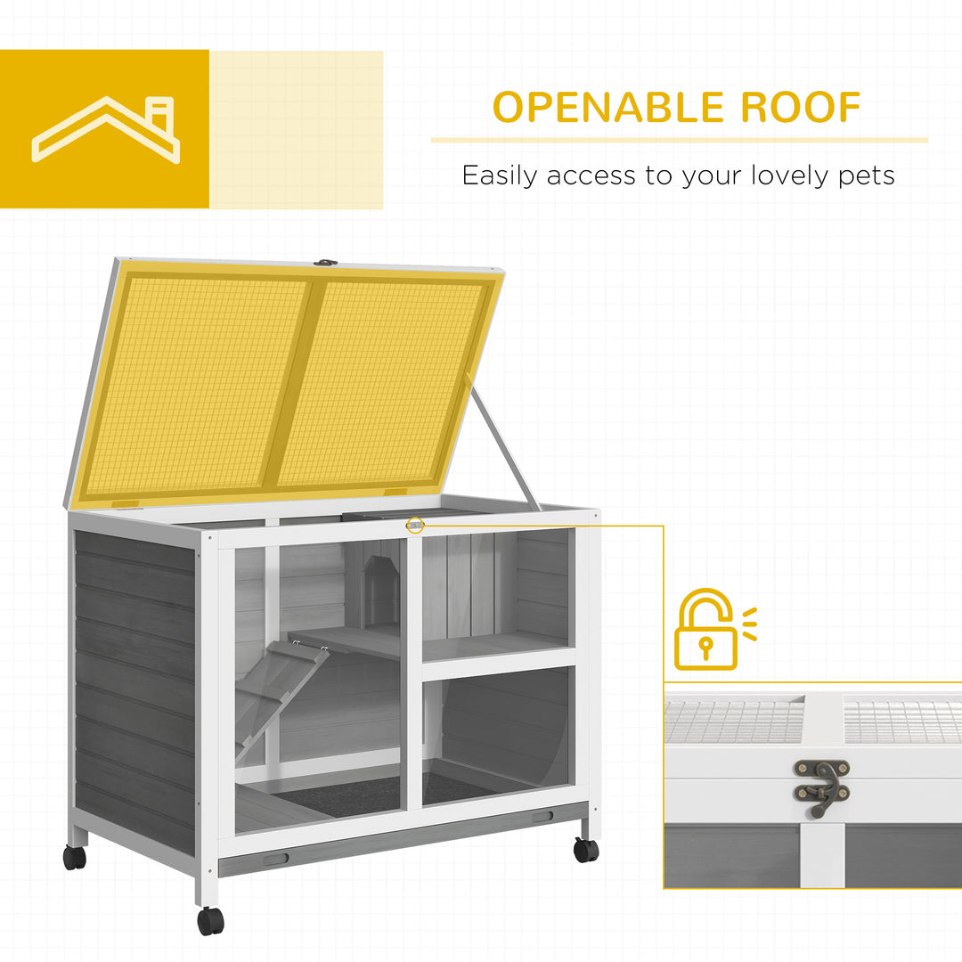 Wooden Rabbit Hutch Guinea Pigs House Bunny Small Animal Cage w/ Pull-out Tray Openable Roof Wheels 91.5 x 53.3 x 73 cm