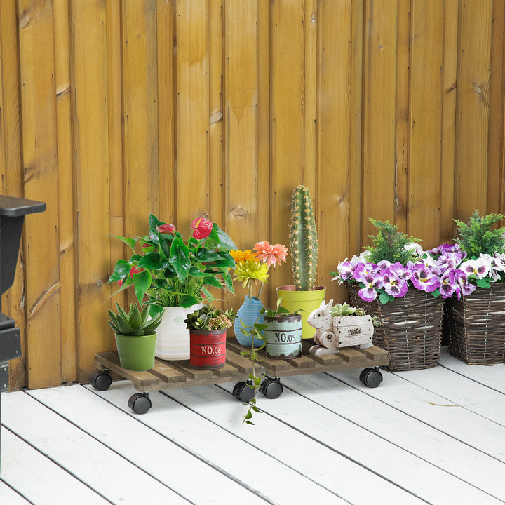 2 Pack Plant Stand with Wheels, Flowerpot Holder, Wooden Flower Display Stand for Indoor Outdoor Living Room Entryway