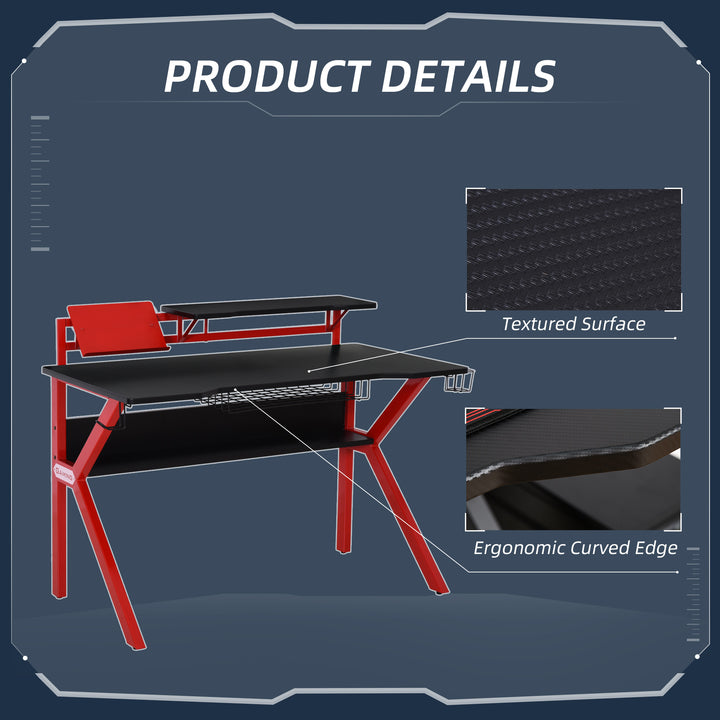 Gaming Desk Computer Table Stable Metal Frame Adjustable Feet w/ Cup Holder Headphone Hook, Cable Basket - Red