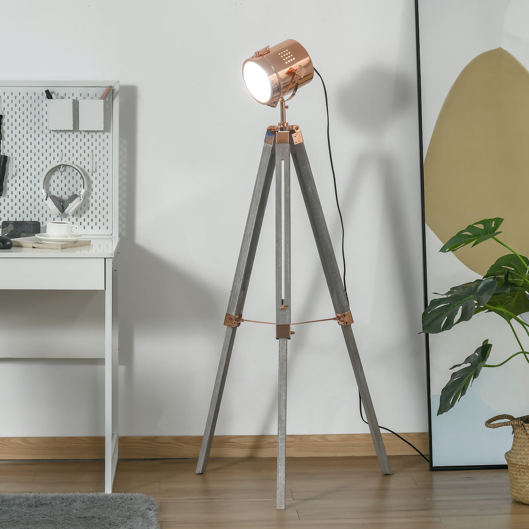 Industrial Tripod Floor Lamp, Nautical Searchlight with Adjustable Height, Wood Legs, E12 Lamp Base for Living, Bedroom, Grey and Rose Gold
