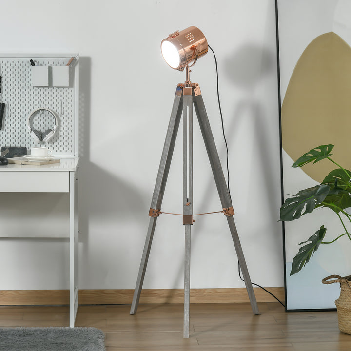 Industrial Tripod Floor Lamp, Nautical Searchlight with Adjustable Height, Wood Legs, E12 Lamp Base for Living, Bedroom, Grey and Rose Gold