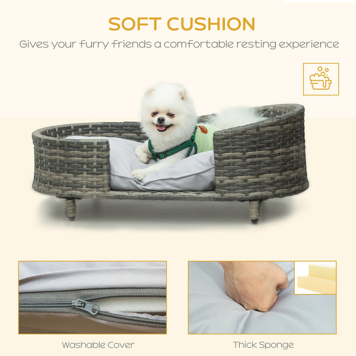 PawHut Elevated Wicker Dog Sofa, Rattan Cat Bed Hand Woven with Soft Cushion, Washable Cover, for Small &amp; Medium Dog, 75 x 42 x 29 cm, Grey