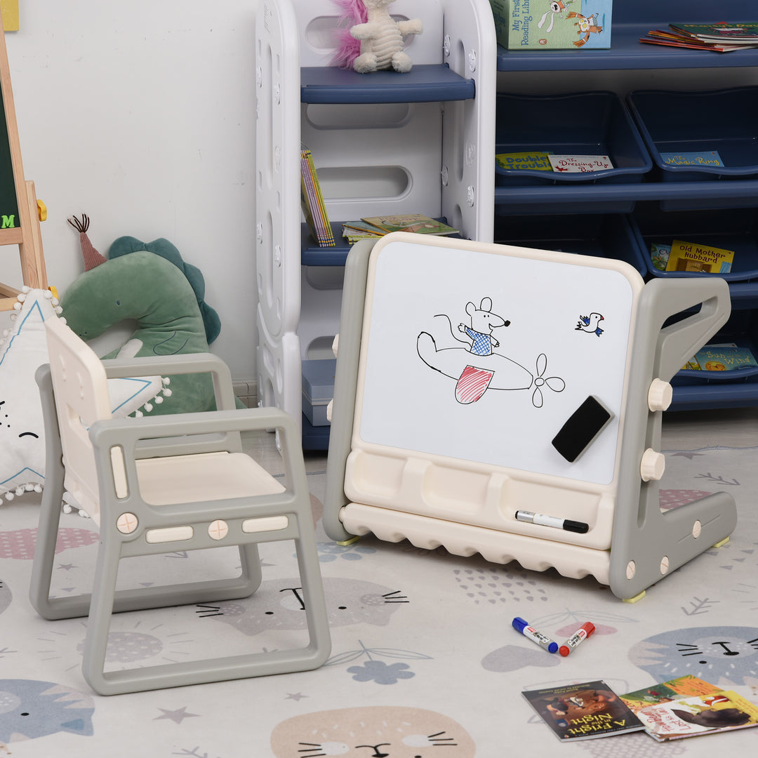 Kids Study Table and Chair Set 2-In-1 Design Drawing Board Writing Desk with Whiteboard Pens Eraser Storage Tray Toddlers Grey/White