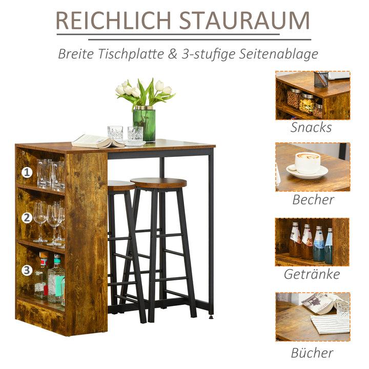 3 Piece Industrial Style Bar Table Set, Pub Dining Table Set Height Table and 2 Stools with Storage Shelf, Rustic Brown