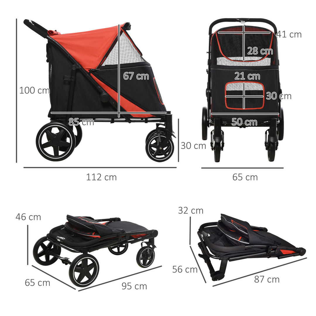 PawHut Pet Stroller with Universal Front Wheels, Shock Absorber, One Click Foldable Dog Cat Carriage with Brakes, Storage Bags, Mesh Window Red